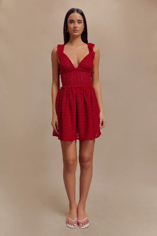 Goddess Outfit Flowy party dress Ezra Lace Mini Dress - Deep Red